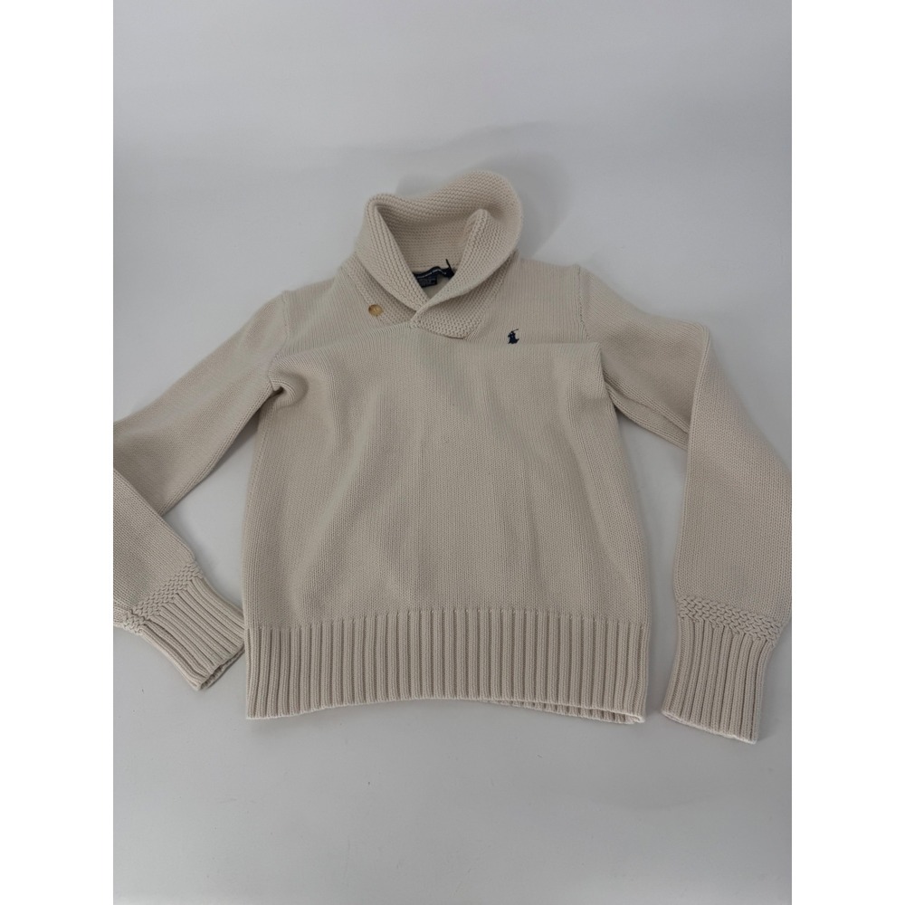 VTG Ralph Lauren Sport Cream Cotton Shawl Collar Sweater Navy Pony Logo Medium